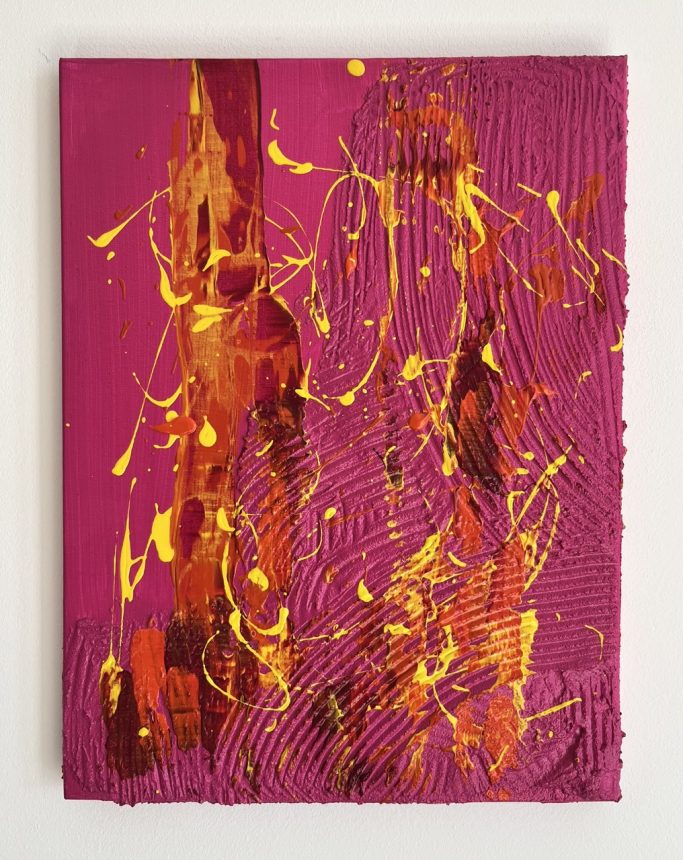 Maybe Abstraktes Kunstwerk in leuchtenden Pink- und Gelbtönen mit dynamischen Pinselstrichen.