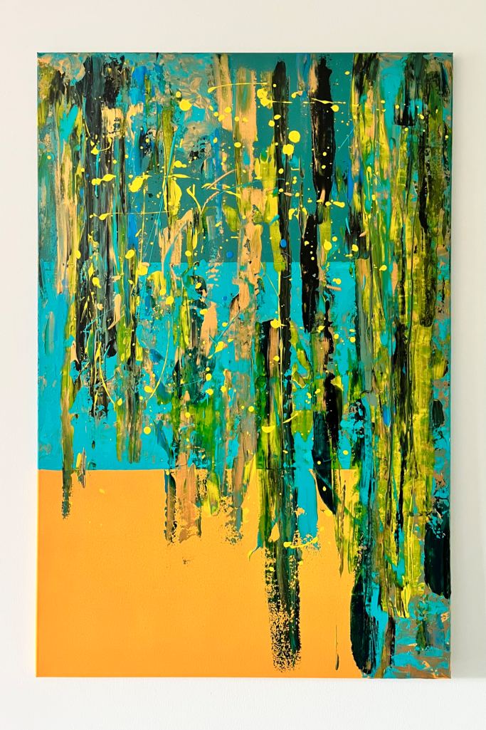 Lemonsplash Abstrakte Malerei in Blau, Grün und Orange mit vertikalen Strukturen und Texturen.