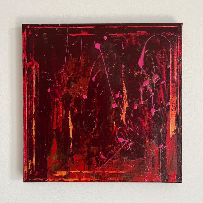 Fire II Abstrakte Malerei in Rottönen mit dynamischen Pinselstrichen und leuchtenden Akzenten.