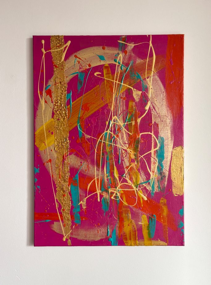 Barbies Drugs Abstrakte Malerei mit kräftigen Rosa-, Gold- und Türkistönen auf Leinwand.