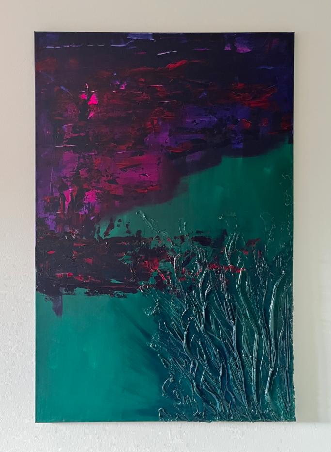 My Heart Abstrakte Malerei in Violett- und Grüntönen mit dreidimensionalen Texturen.