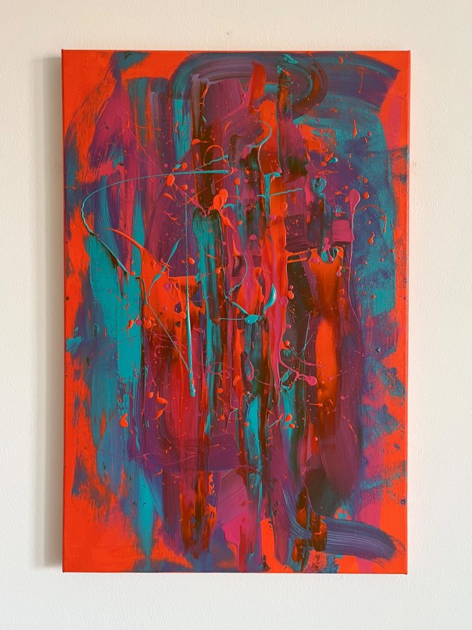 Now Abstrakte Malerei mit dominierenden roten und blauen Farbtönen und dynamischen Formen.