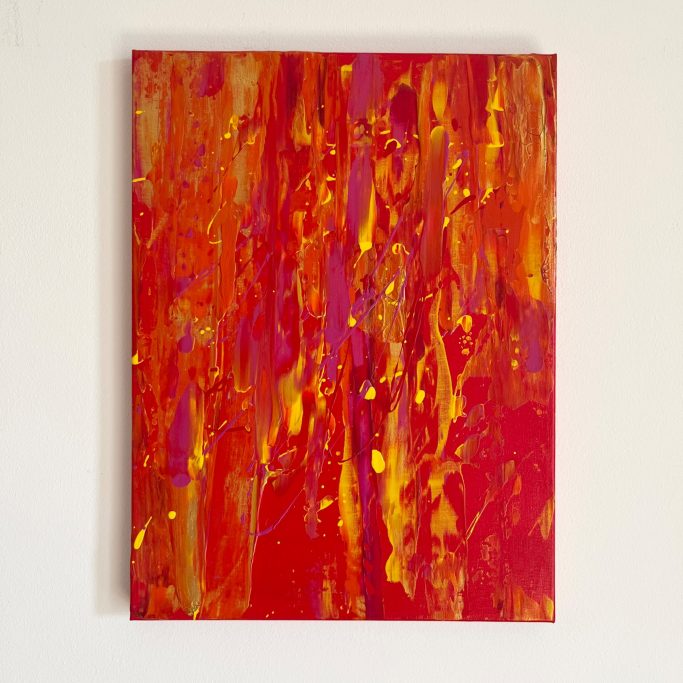 Hera Abstraktes Gemälde mit lebendigen roten, orangen und gelben Farbtönen.