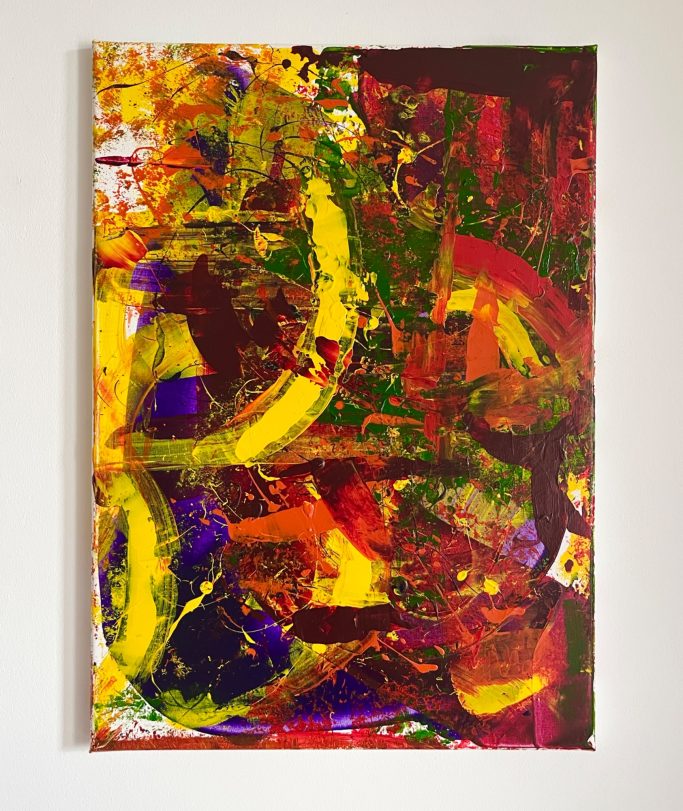 Acceptance Abstrakte Malerei mit kräftigen Farben in Gelb, Rot und Grün.