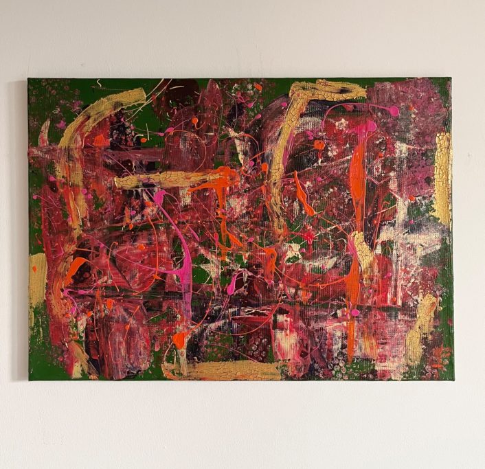 Lost Places Abstrakte Malerei mit kräftigen Farben in Rot, Pink, Orange und Grün.
