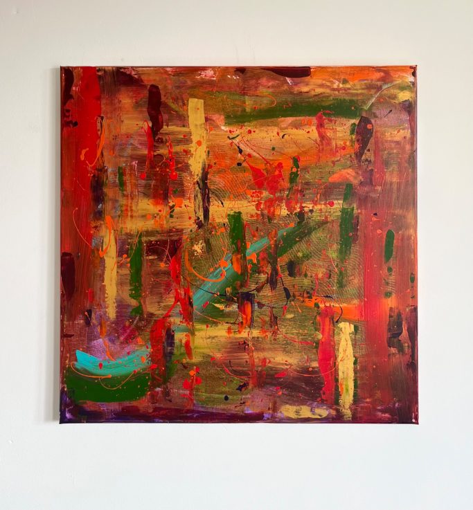 Daydream Abstracte Malerei mit lebhaften Farben in Rot, Grün und Blau, strukturierten Texturen.