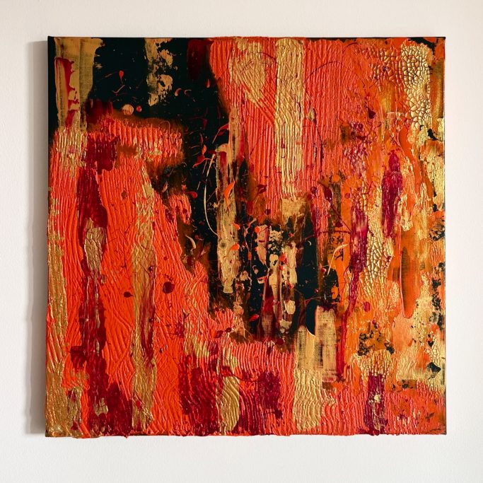 Change Abstrakte Malerei in Rot- und Orangetönen mit strukturierten, dynamischen Mustern.