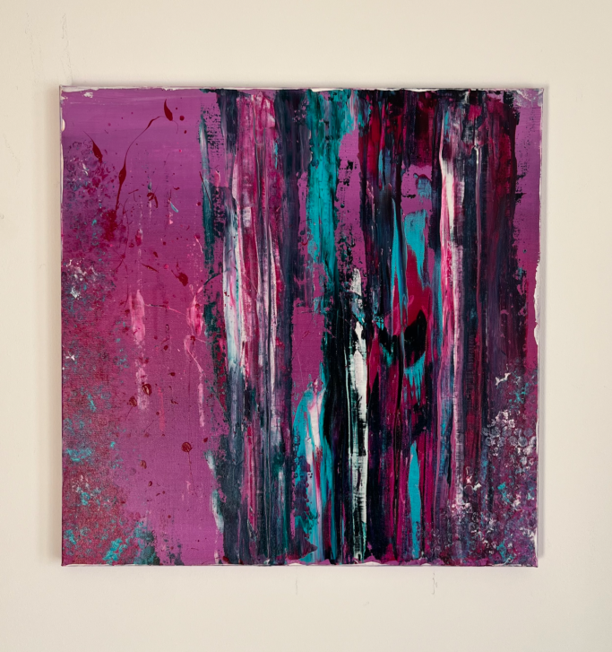 Luna Abstrakte Malerei mit vertikalen Strichen in Violett, Schwarz, Aqua und Weiß.