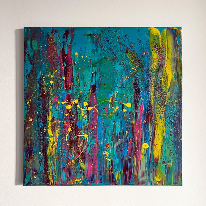 Spring Love Abstrakte Malerei mit leuchtenden Farben in Blau, Lila und Gelb.